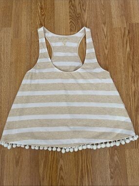 Lilly Pulitzer-Striped Beige & White Pom Trim Racerback Tank Top
